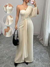 Elegant One-Shoulder, One Long Sleeve Chiffon Hemi-Bandeau, Hemi Backless Decor Chiffon Jumpsuit In Light Khaki, Spring/Summer For Women